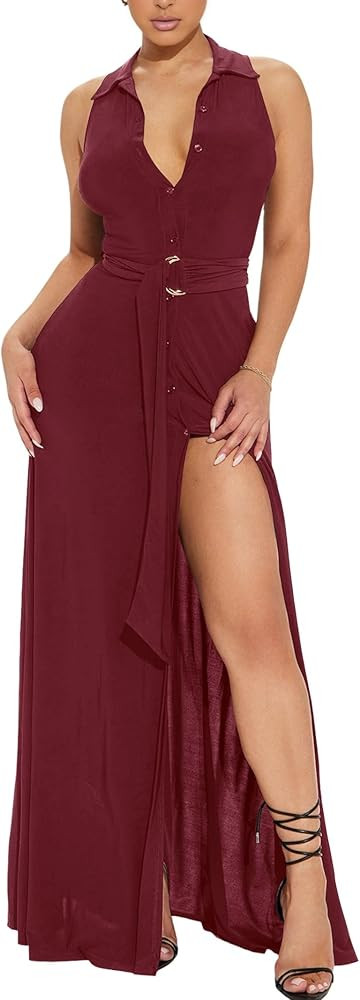 Women's Deep V Neck Long Dresses Sleeveless Collared Button Down High Split Cocktail Wedding Part... | Amazon (US)