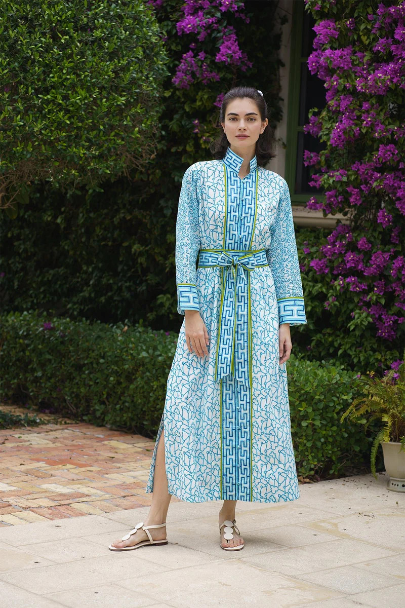 Meg Braff x SUE SARTOR Marrakech Kaftan | Aqua/Chartreuse Limogerie | SUE SARTOR
