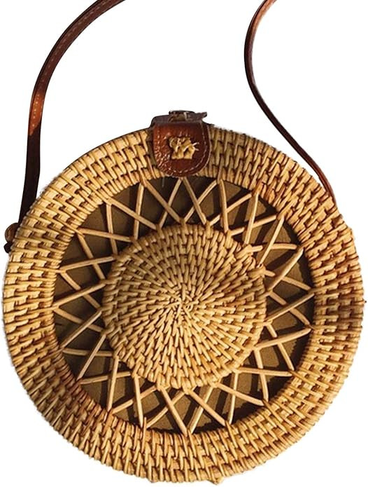 Round Rattan Bag for Women Straw Bag Handwoven Beach Bohemian Shoulder Purse | Amazon (US)