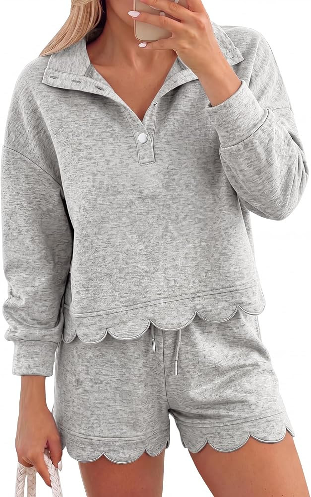 Women 2 Piece Sweatsuits Scalloped Half Button Workout Lounge Sets | Amazon (US)