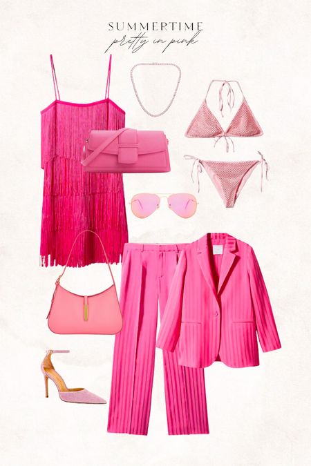 Pink summertime fun 💕🌸 I would pair this gorgeous pink suit with this rhinestone baby pink bikini set. 

pink l pink outfit l pink swimsuit l pink blazer l pink suit l pink heels