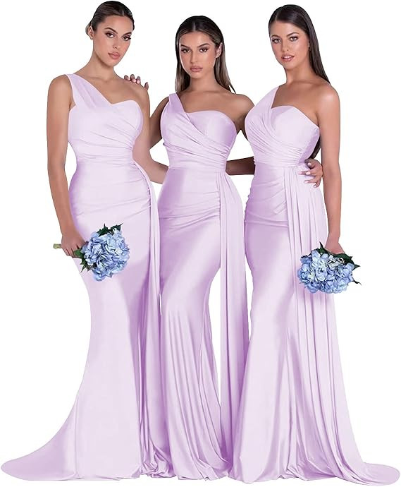 OYI Women's One Shoulder Mermaid Bridesmaid Dresses Long Ruched Bodycon Satin Formal Prom Gowns Y... | Amazon (US)
