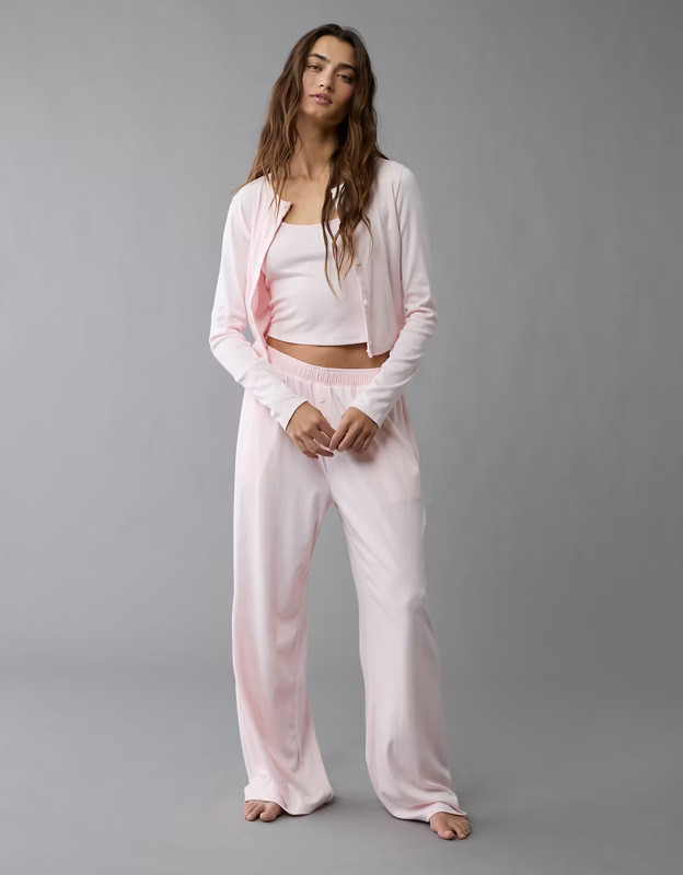 AE 3-Piece Pointelle Plush Cardigan Pajama Set | American Eagle Outfitters (US & CA)
