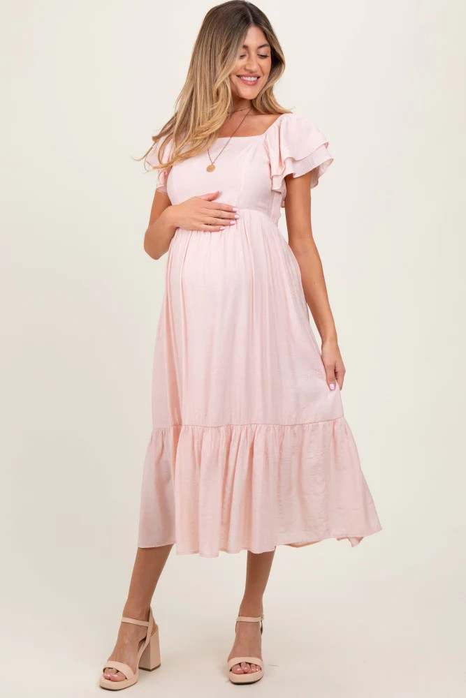 Light Pink Flutter Sleeve Maternity Midi Dress | PinkBlush Maternity