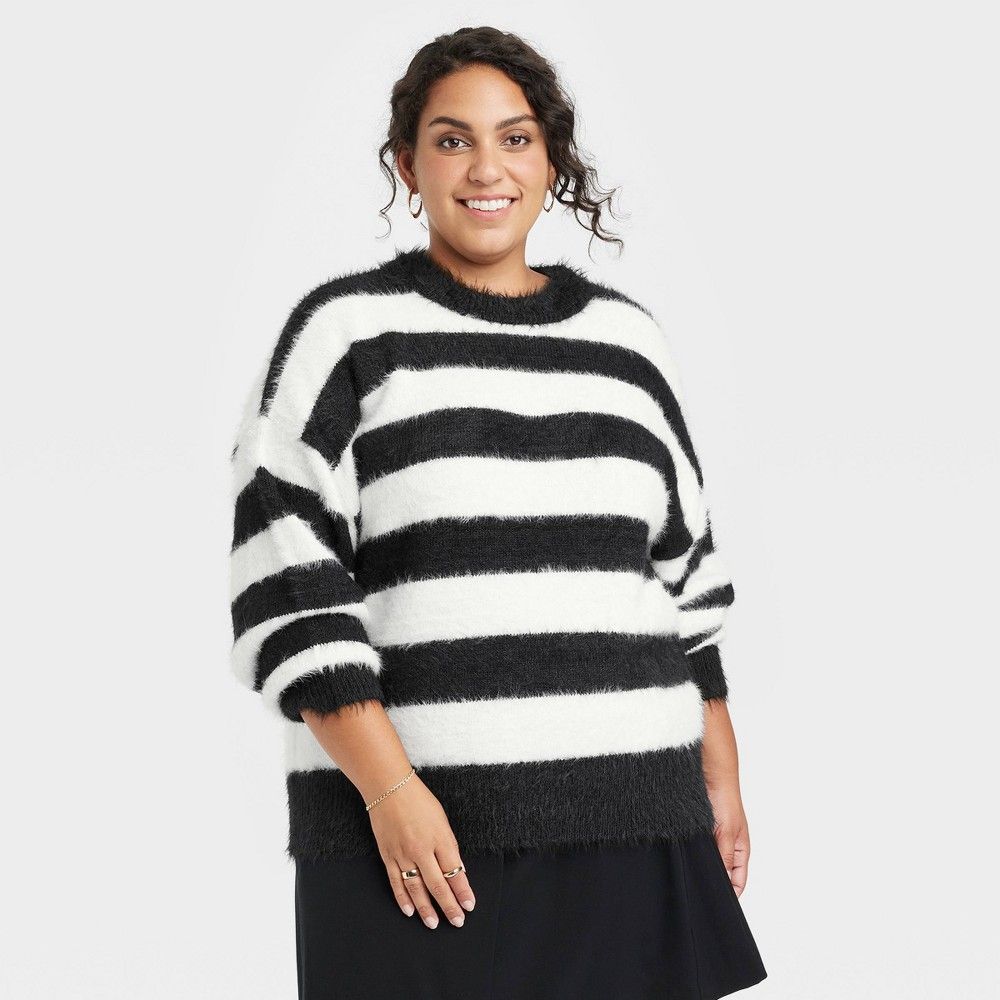 Women's Plus Size Crewneck Fuzzy Pullover Sweater - A New Day Black Striped 1X | Target