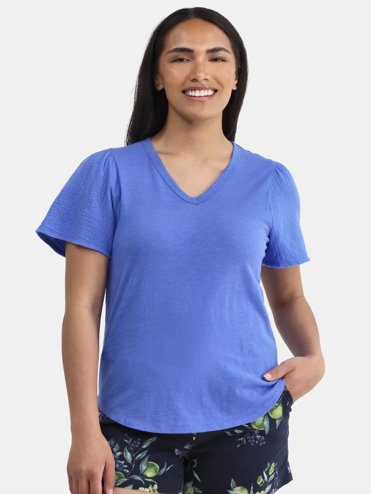 Time and Tru Women's Cotton Mixed Fabric V Neck Tee, Sizes XS-XXXL - Walmart.com | Walmart (US)