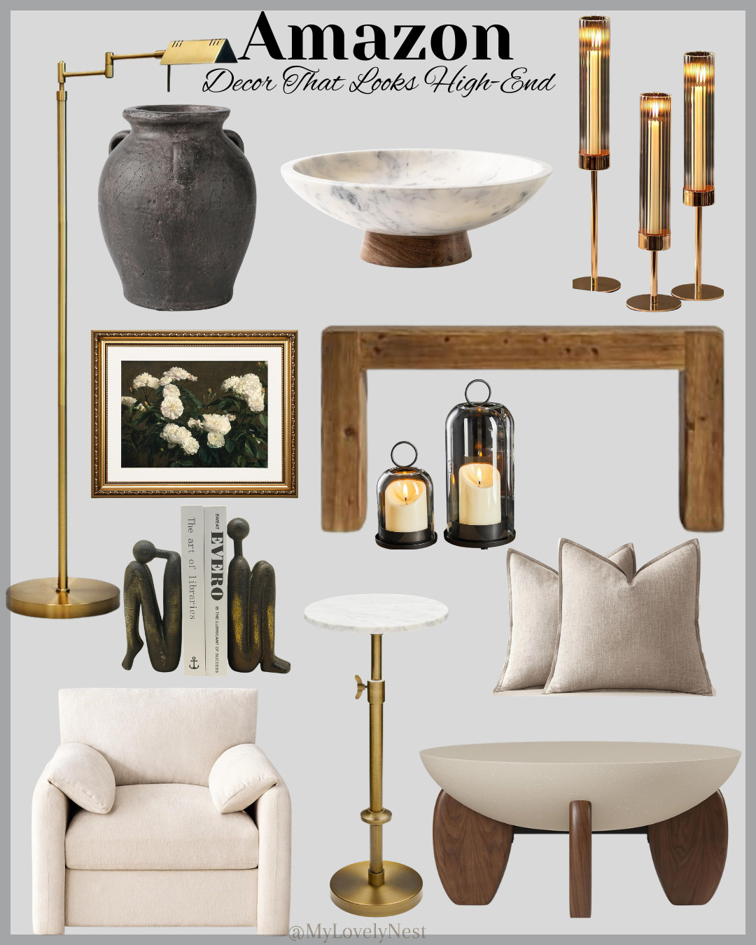A touch of luxury, made simple ✨ Shop my curated Amazon decor collection. Modern Drum Center Table, Wide Accent Chair, Floor Lamp, Marble Decorative Bowl, Round Concrete Coffee Table, Solid Wood Console Table, Decorative Linen Pillow Covers, Adjustable-Height Marble Drink Table, Still Life Gold Framed Wall Art, Thinker Decorative Bookends, Tall Candlestick Holders, Metal Candle Holder, Rustic Ceramic Distressed Vase. 

 #LTKMothersDay #LTKSeasonal #LTKHome