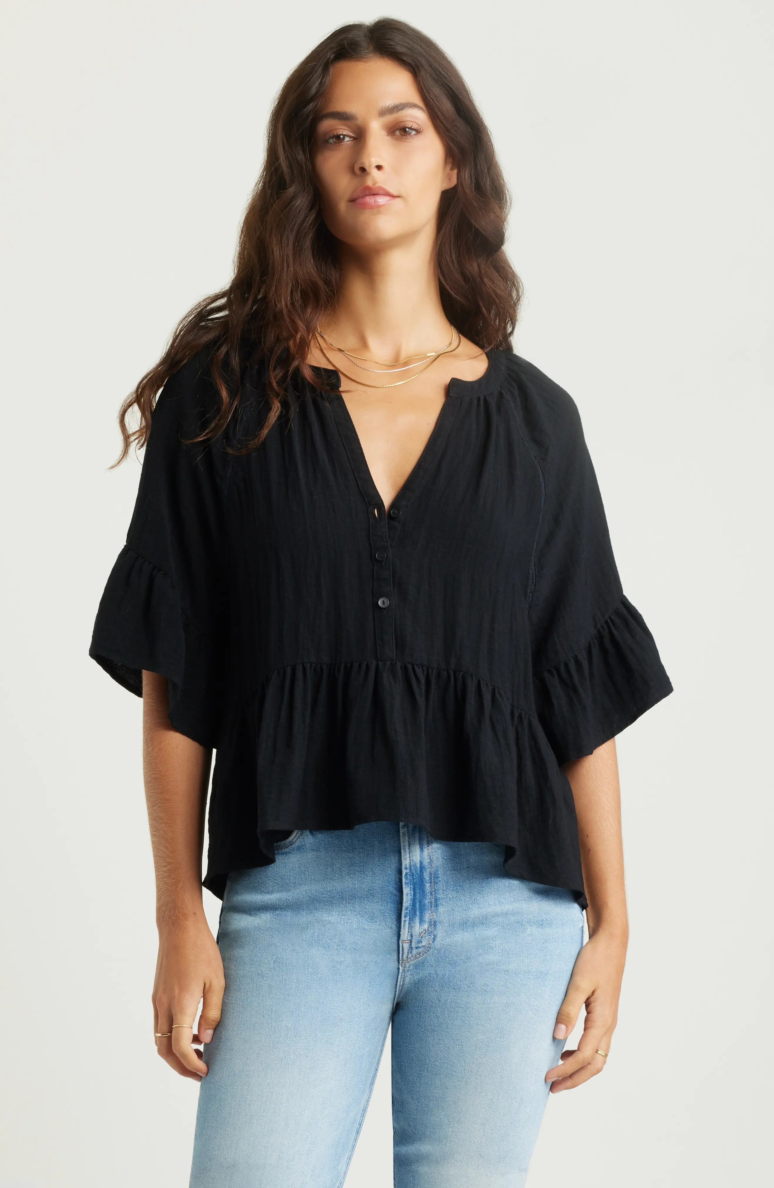Treasure & Bond Ruffle Peplum Top in Black at Nordstrom, Size Large | Nordstrom