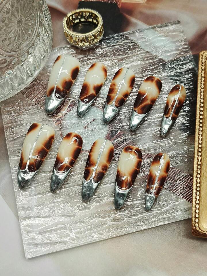 10pcs American Style Handmade Almond Shape Press On Nails Set Brown Snake Patterned Silver High H... | SHEIN