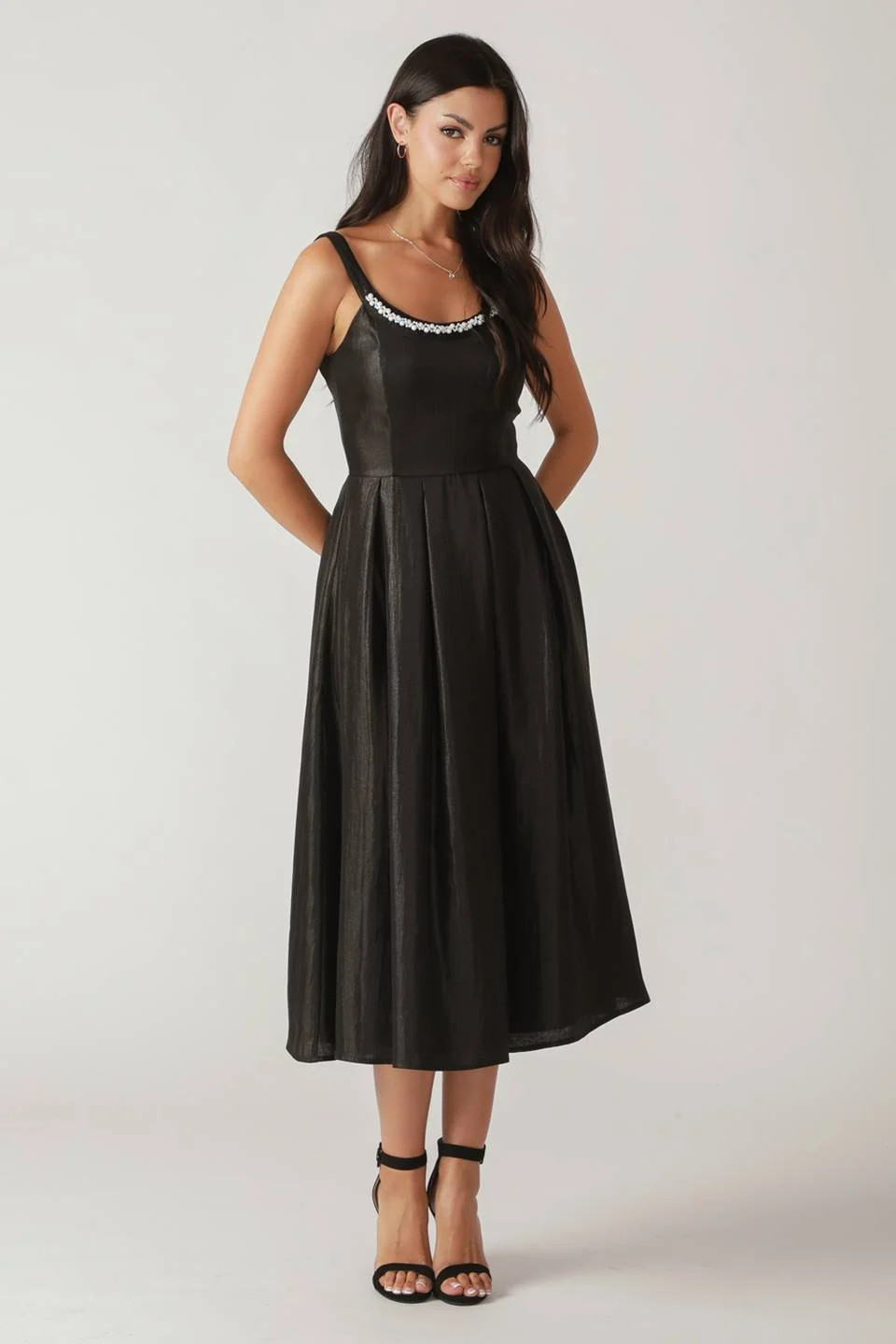 PEARL TRIM BLACK SATIN MIDI DRESS | Lady Black Tie
