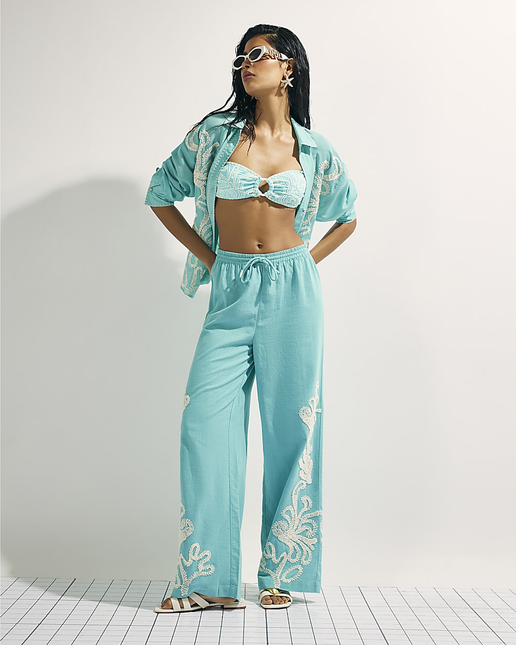 Green Embroidered Wide Leg Trousers | River Island UK & IE