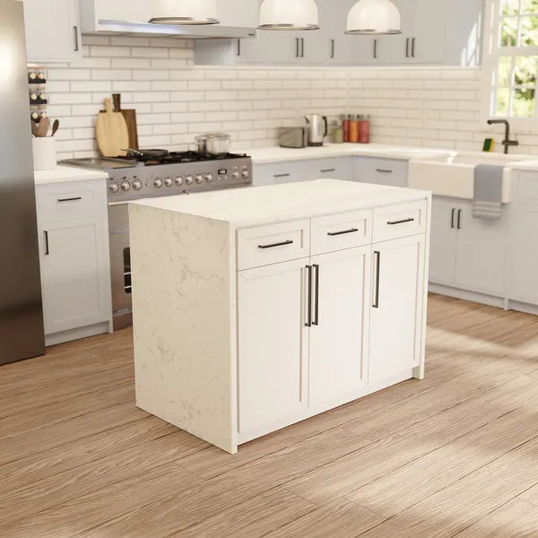 KitchenBathCollection Palisade 48" Waterfall Kitchen Island with Engineered Marble Top - Black Oa... | Bed Bath & Beyond