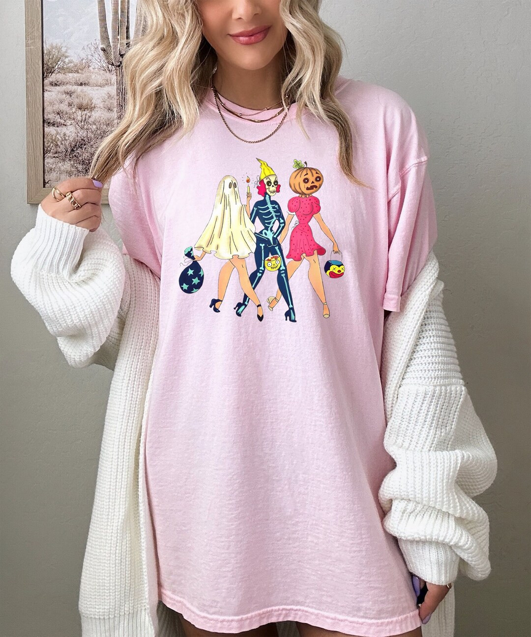 pastel pink halloween shirt, vintage trick or treat ladies, retro women costumes, ghost, skeleton... | Etsy (US)