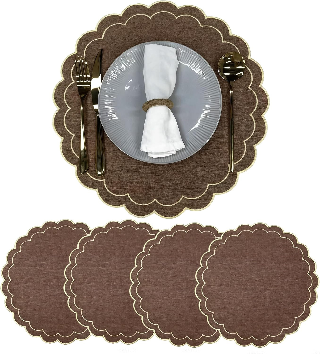 Linen Cotton Placemats Set of 4 Scalloped Flower Embroidery Place Mats 15'' Natural Linen Texture Fabric Machine Washable Table Mats for Restaurant Kitchen,Table Decor(Brown) | Amazon (US)