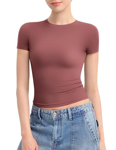 PUMIEY Women's Crew Neck Short Sleeve Tops Double Lined Slim Fit T Shirts Basic Tee Smoke Cloud P... | Amazon (US)