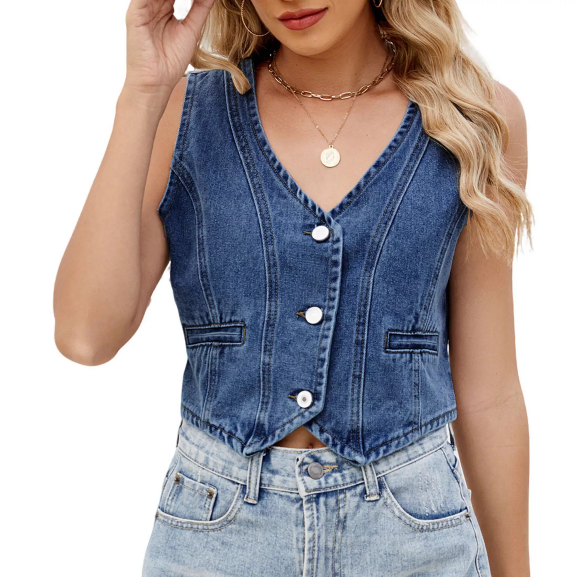 Womens V Neck Sleeveless Denim Vest Button Front Cropped Top | Kohl's