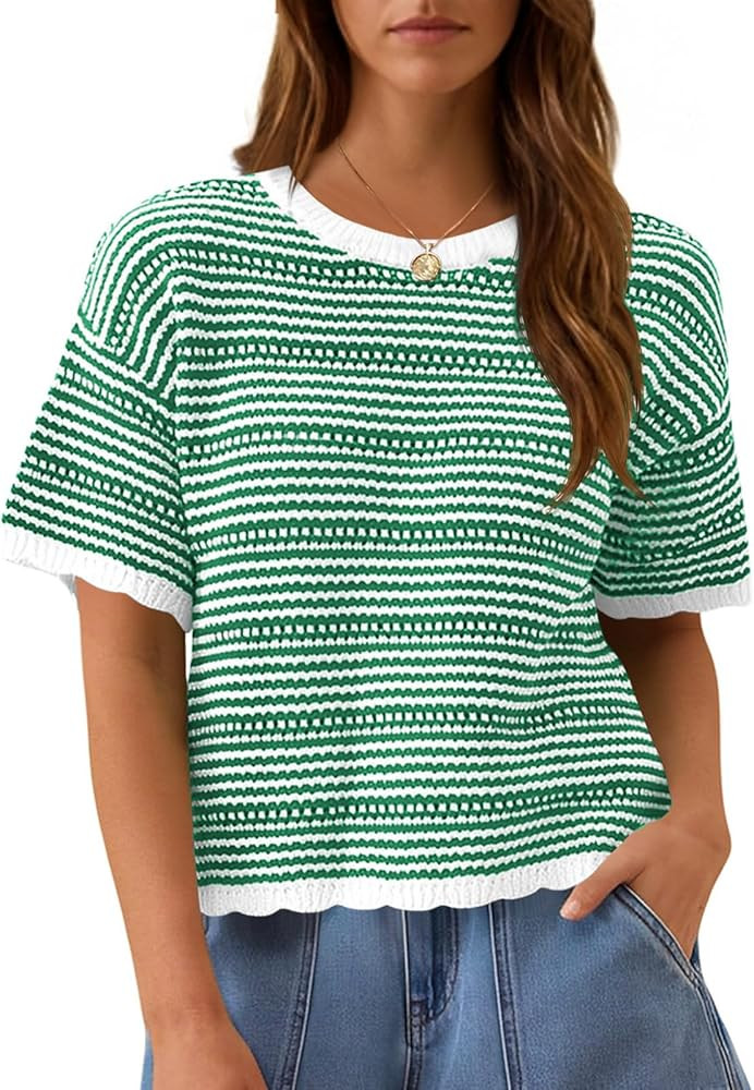 Fisoew Women's Summer Striped Cropped Knit Tops Short Sleeve Crew Neck Casual Sweater Going Out T... | Amazon (US)