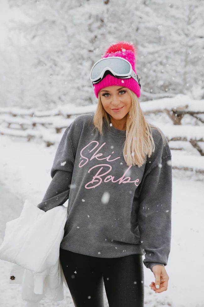 Ski Babe Script Charcoal Corded Graphic Sweatshirt | The Pink Lily Boutique