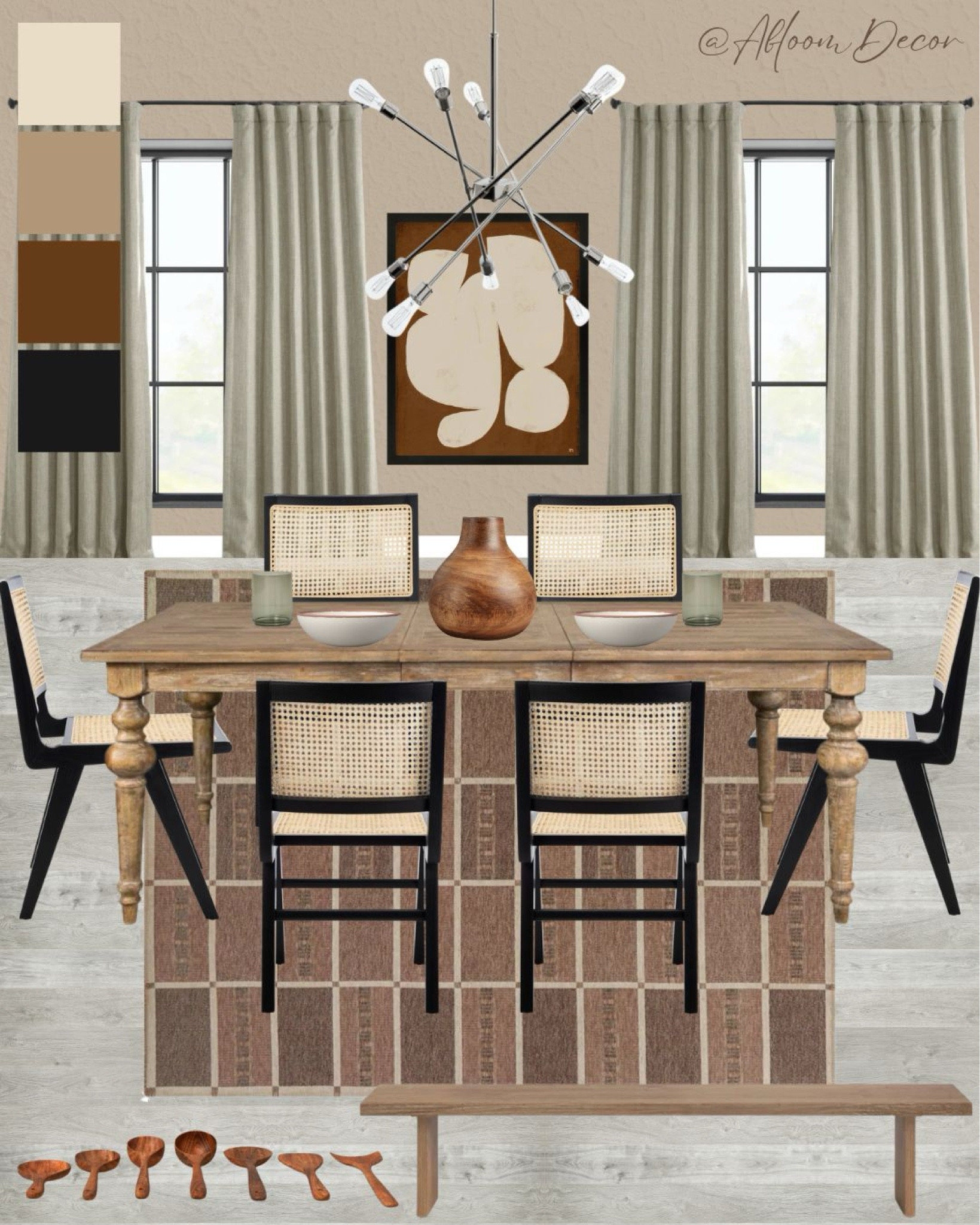 This dining room design has such a cozy, earthy vibe with its warm tones of beige, brown, and black. The cane-back chairs and rustic wood table really add that natural touch, while the modern chandelier gives the space a fun, stylish twist!

#LTKHome