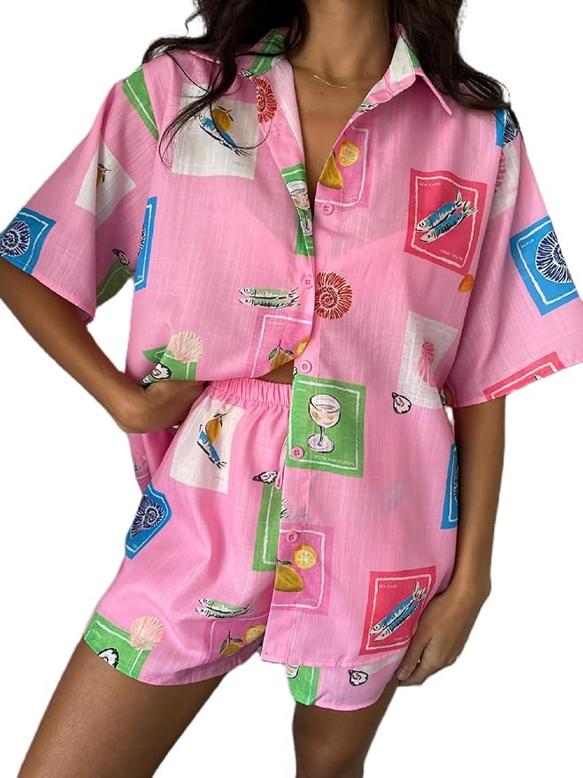 Women Graphic 2 Piece Outfit Short Sleeve Button Down Shirt Printed Lounge Shorts Sets Summer Bea... | Amazon (US)