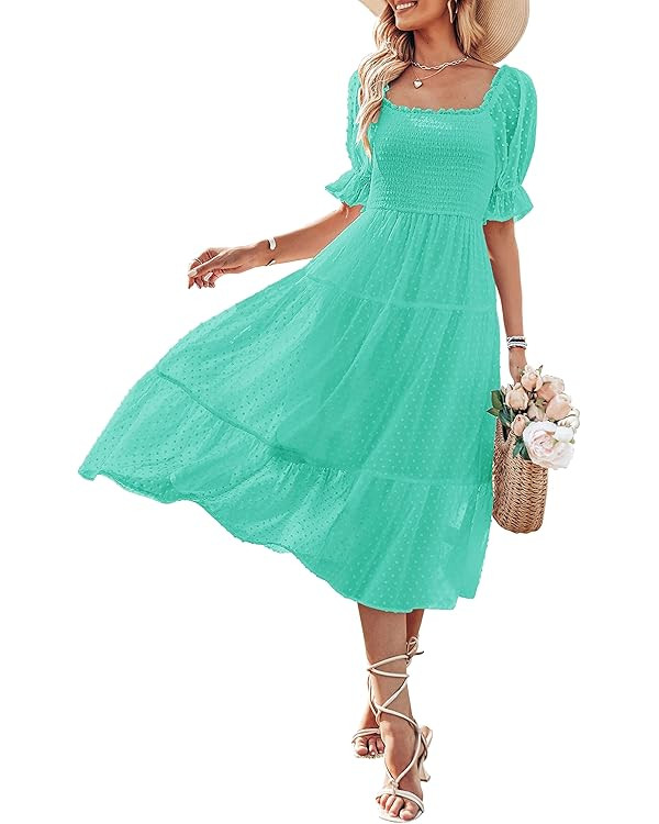 MEROKEETY Women's 2024 Summer Square Neck Puff Sleeve Boho Midi Dress Swiss Dot Ruffle Flowy Tie ... | Amazon (US)