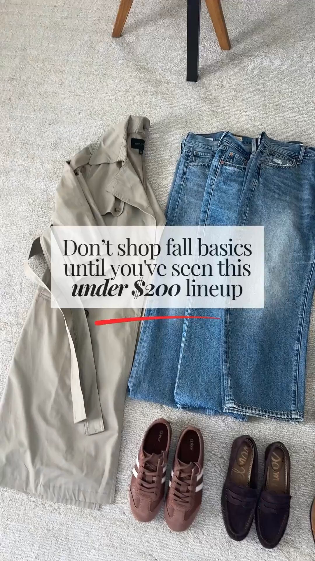 Fall basics Under $200. All of these items I own and recommend. 

Outerwear
Banana Republic Factory trench coat petite small -
Levi's denim jacket xs 
Zara windbreakers xs 
Mango green jacket xs 

Jeans
Everlane Sailor Wide Leg jeans 25 (cut hems) 
Levi's 90's Ankle 25 
Madewell barrel jeans petite 25 

Sweaters
Gap crop sweater brown petite small 
Gap crop sweater cream petite small 
Quince oversized cashmere sweater xs 
Quince cashmere boxy sweater small but I need the xs 

Tops
Gap Big Shirt petite xs 
Madewell denim crop shirt small - szie up!
Aritzia long sleeve small but could wear the xs -
Artizia white tee medium 

Bags
Quince suede tote
Quince leather bucket bag small
J.Crew suede shoulder bag
Amazon sling bag 

Shoes
Quince sneakers 6  - size up!
Sam Edelman loafers 5 
J.Crew loafers 5 
Madewell flats 5 

Hats
Polo Ralph Lauren hat chino style

#LTKPetite #LTKOver40 #LTKmomlife
