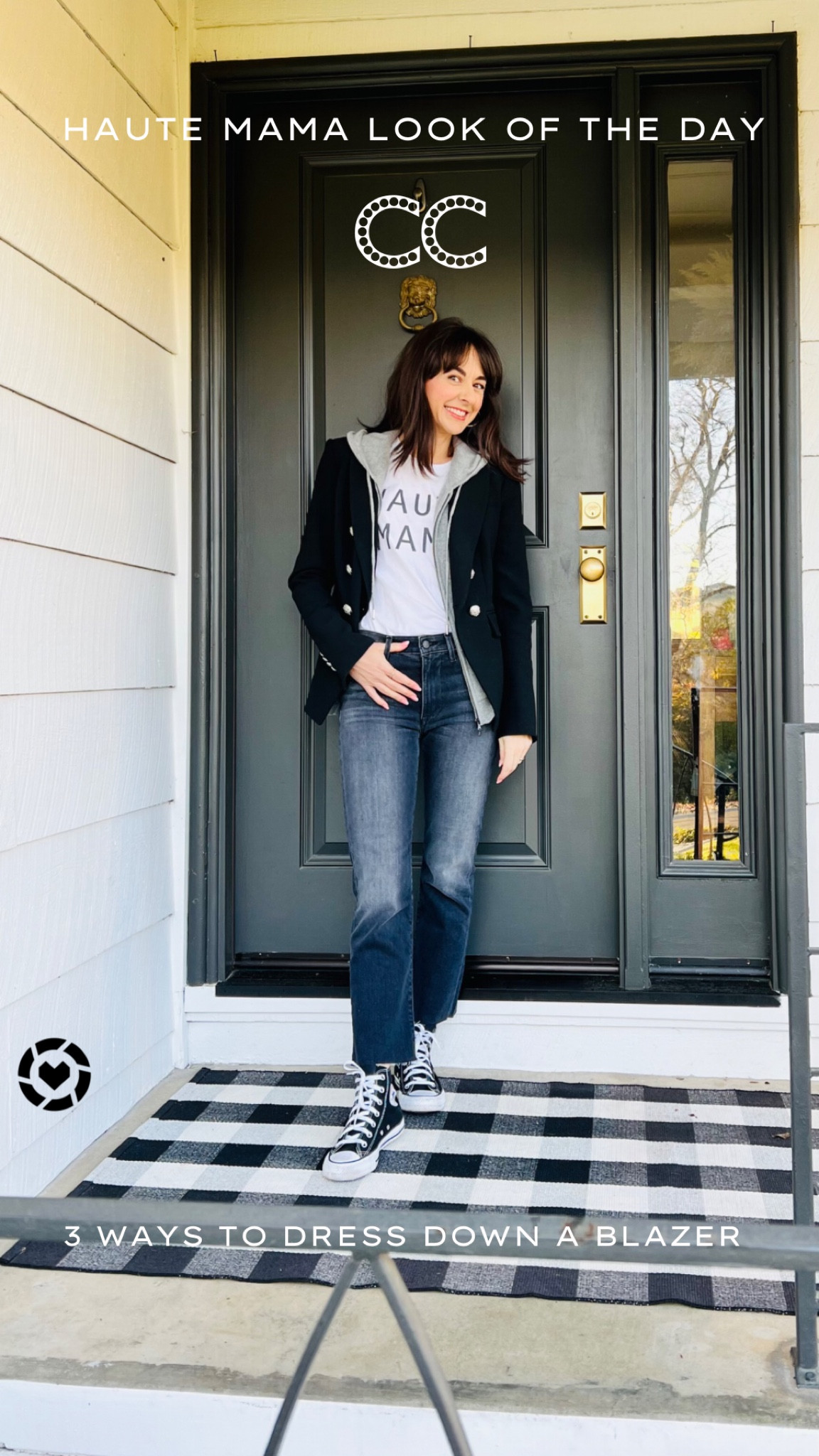 HAUTE MAMA LOOK OF THE DAY

#stylisttip the fastest way to dress down a blazer is by adding a sneaker graphic tee or a hoodie to your outfit.
