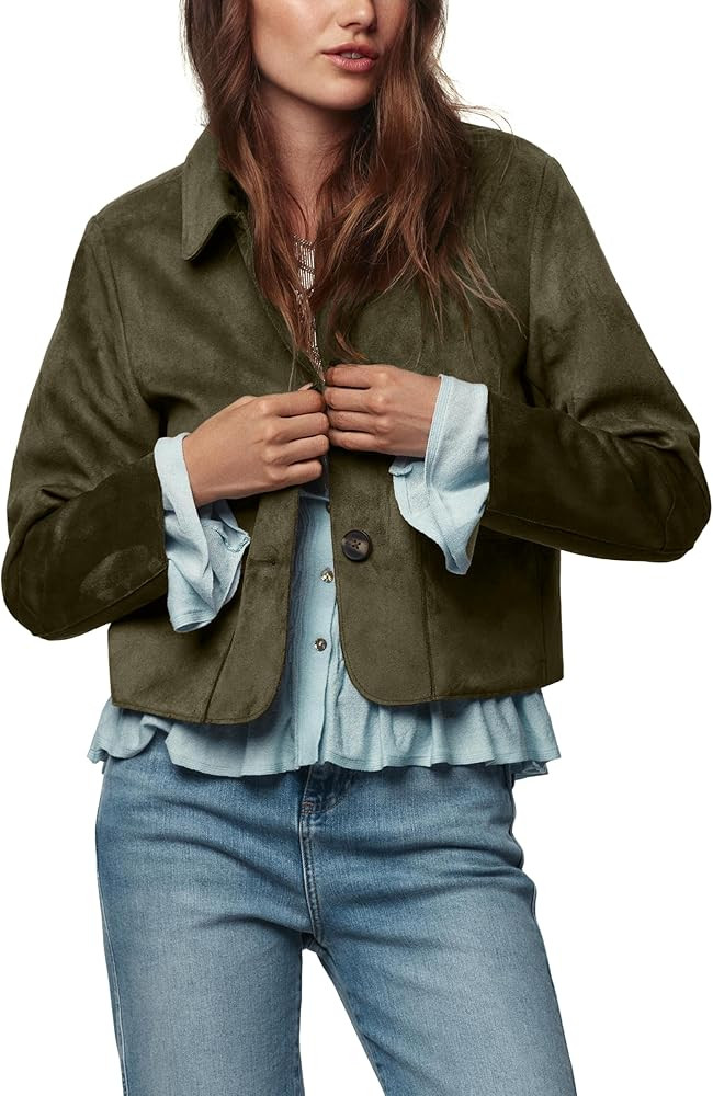 Womens Faux Suede Bomber Jacket Fall Long Sleeve Lapel Button Down Jackets Trendy Going Out Casua... | Amazon (US)