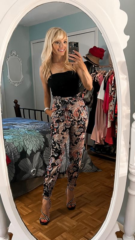 Date night outfit with this black chiffon corset top (straps are removable!) and paisley jogger pants! Corset top is only $23.99 with a 30% coupon! I’m in a small in both and other color options available! - Pearl embellished strappy heels - going out outfit - date night look - girls night out outfit - Amazon Fashion - Amazon coupon - Amazon coupons - Amazon deal 

#LTKSeasonal #LTKunder50 #LTKstyletip