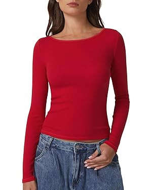 QINSEN Women's Long Sleeve T Shirts Crewneck Tight Fitted Rib Knit Y2k Casual Tee Tops | Amazon (US)