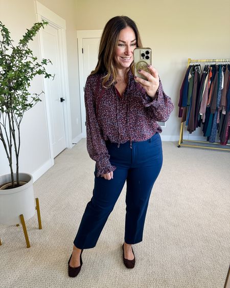 Fall workwear with floral top from Gibsonlook tts, L // loft riveria pant tts 12R 

Use code RYANNE10 for 10% off GL 

Workwear, business casual, teacher outfit, fall, navy pants 

#LTKover40 #LTKworkwear #LTKmidsize