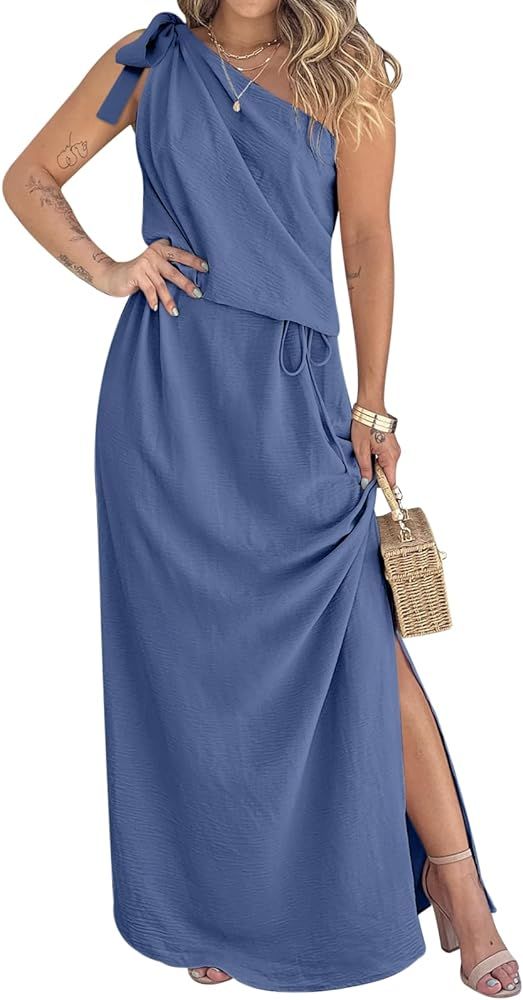 DEEP SELF Women's Flowy Long Dress One Shoulder Sleeveless Knot Side Slit Hem Wrap Maxi Linen Dre... | Amazon (US)