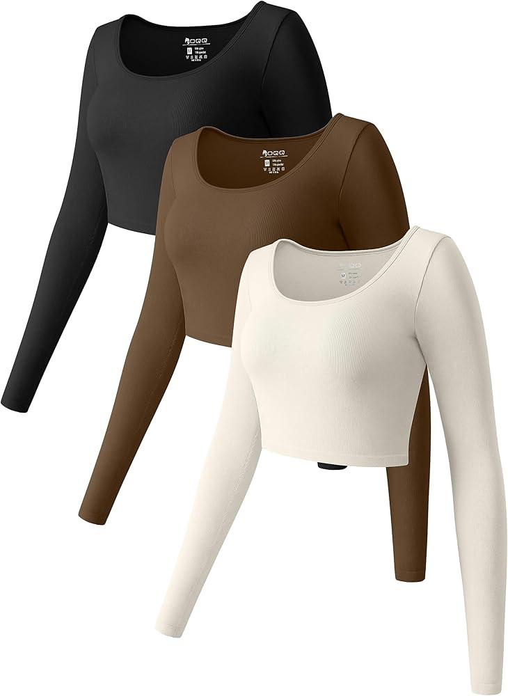 OQQ Women's 3 Piece Crop Tops Long Sleeve Round Neck Stretch Fitted Underscrubs Shirts Crop Tops | Amazon (US)