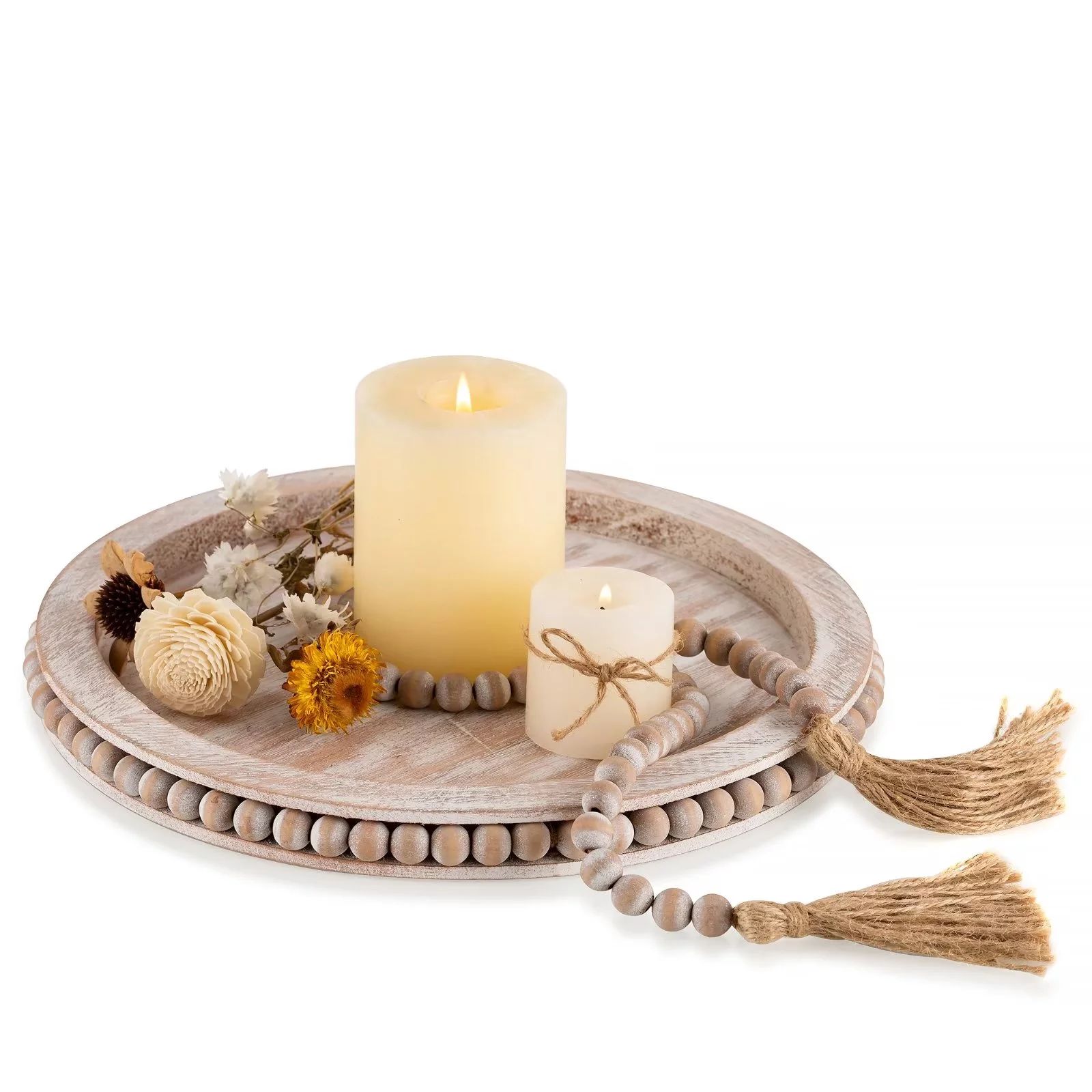 Sziqiqi Round Wood Trays Decorative Beaded Tray for Candle Centerpiece | Walmart (US)