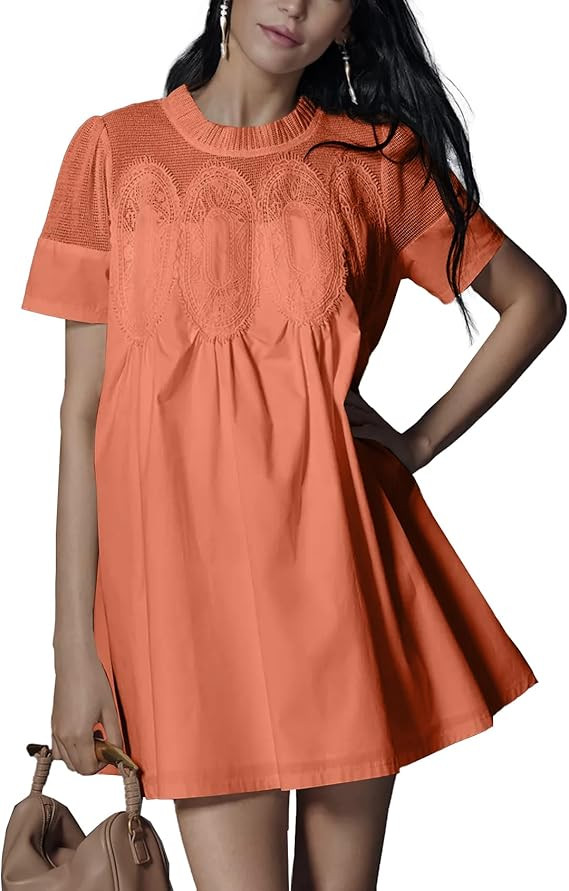 Shiyifa Womens Babydoll Lace Patchwork Dresses Summer Short Sleeve Ruffle Sundress Loose Crew Nec... | Amazon (US)