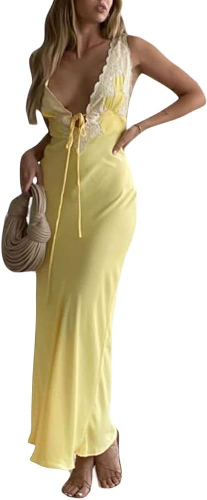 Women Backless Spaghetti Strap Maxi Dress Y2k Lace Strap Satin Tie Dye Bodycon Dress Sexy Party C... | Amazon (US)