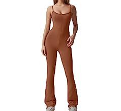 QINSEN Flare Jumpsuits for Women Spaghetti Straps Scoop Neck Bodycon Full Length Casual Unitard Play | Amazon (US)