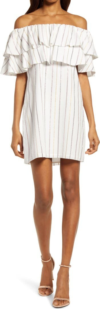 Metallic Stripe Off the Shoulder Popover Dress | Nordstrom