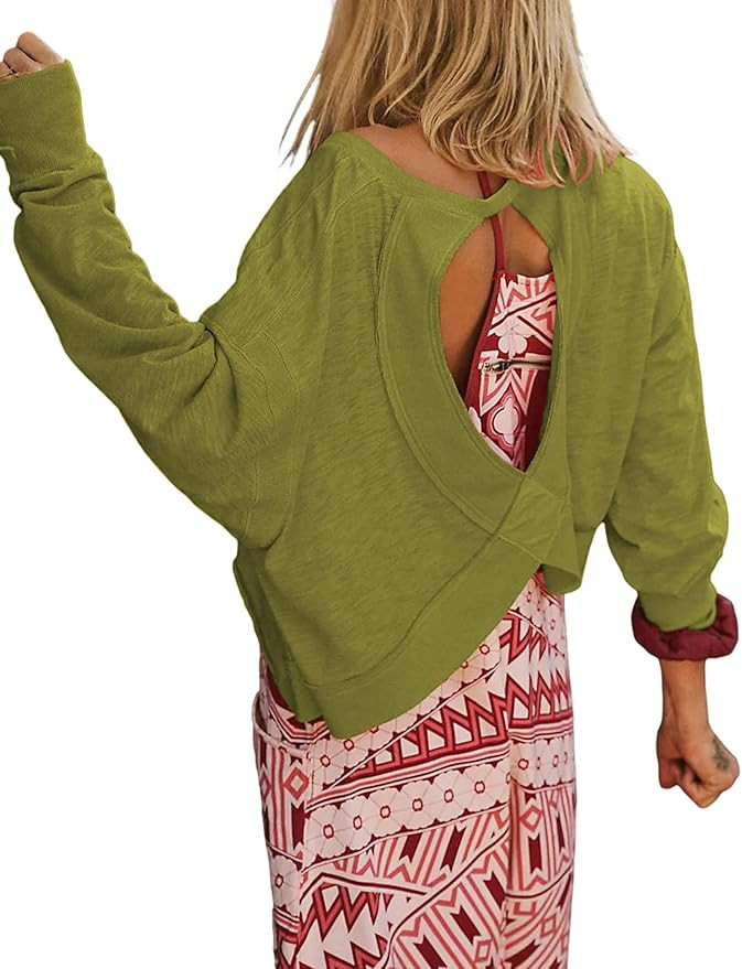 Women's Open Back Workout Crop Top Long Sleeve Casual Athletic Shirts Yoga Tee | Amazon (US)