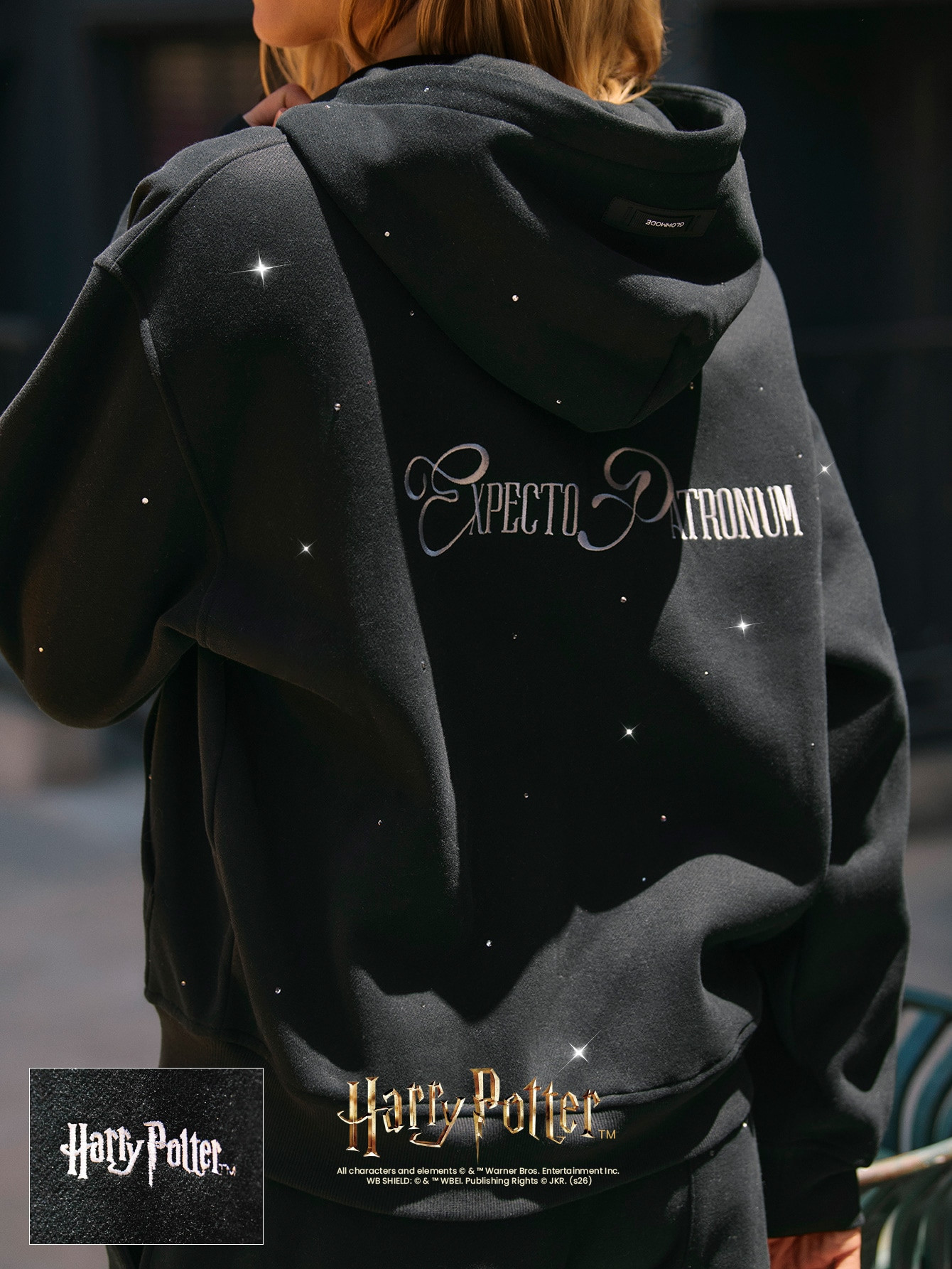 GLOWMODE X Harry Potter™ Everyday Fleece Expecto Patronum Oversized Rhinestone Full Zip Hoodie With Slip Pockets Daily Casual Summer Wear | Glowmode