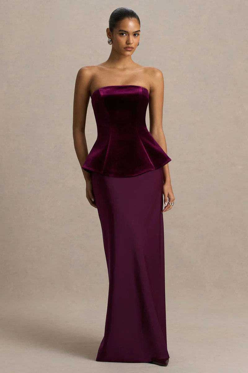 Indulgent  Burgundy Velvet And Satin Bandeau Corset Maxi Dress | Club L London