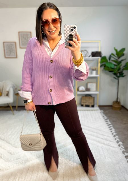 Walmart workwear look for spring! 

Loving this new boyfriend cardigan in this light purple color. Styled it buttoned up over this new striped button down. 

Large cardigan. Fits tts. 
Large button down. Would prefer an xl for more room. 
Large pants. Fit tts. 
Sized up half a size in the heels  

#LTKfindsunder50 #LTKworkwear #LTKmidsize
