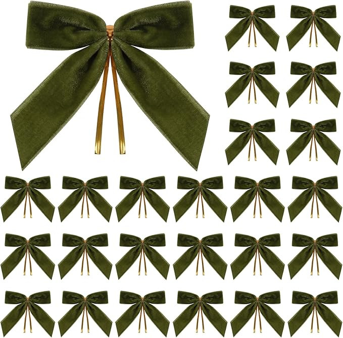 24 Pcs Olive Green Small Velvet Christmas Bows for Christmas Tree, Wreath, Gift Wrapping, Crafts,... | Amazon (US)