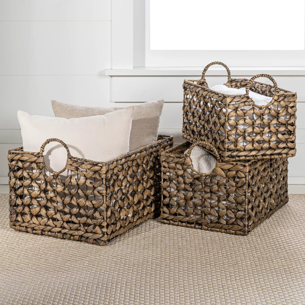 happimess Quinn Bohemian Cottage Woven Hyacinth Rectangular Storage Baskets with Handles | Target