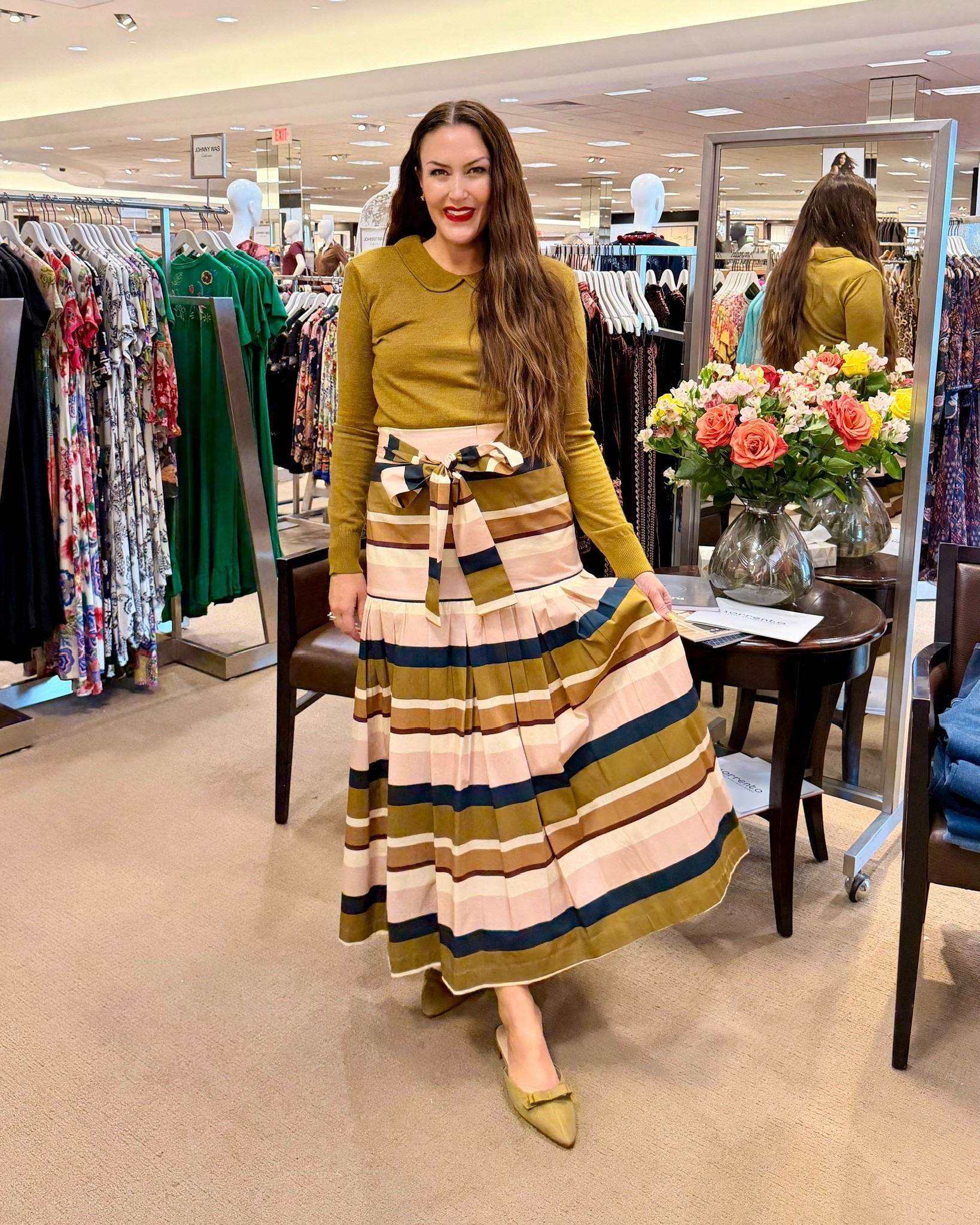 girly… have you ever put something on and immediately felt like the main character? 🤭✨
this skirt is that piece. the structure, the stripes, the twirl factor — it does all the work for you. and pairing it with a simple sweater gives you that effortless, polished vibe without feeling overdone.

the fabric has enough weight to drape beautifully (pear-shape friendly 🙌), and the sash helps define your waist exactly where you want it. this is one of those outfits you can wear to brunch, church, holiday events… all the way into spring because the color palette is so classic. cost per wear just keeps dropping 💃🏻💛

I’m 5’6” wearing size small (TTS) in the sweater, size medium (TTS for me) in the skirt, and size 8 (TTS) in the heels.

should we style this next with a denim jacket or a trench? 👇✨

#LTKGiftGuide #LTKdayinmylife #LTKootd