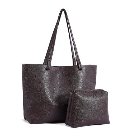 DOODLEBEAN Handbag for Women Dark Brown Large Leather Tote Bag Soft Top Handle Shoulder Hand Bags 2025 Trendy Womens Totebags Everyday Tote Purse for Woman | Amazon (US)
