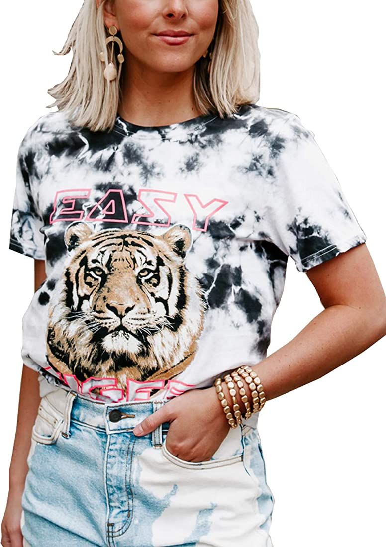 SOFIA'S CHOICE Women's Tie Dye Tiger Print T Shirt Short Sleeve Casual Tees | Amazon (US)