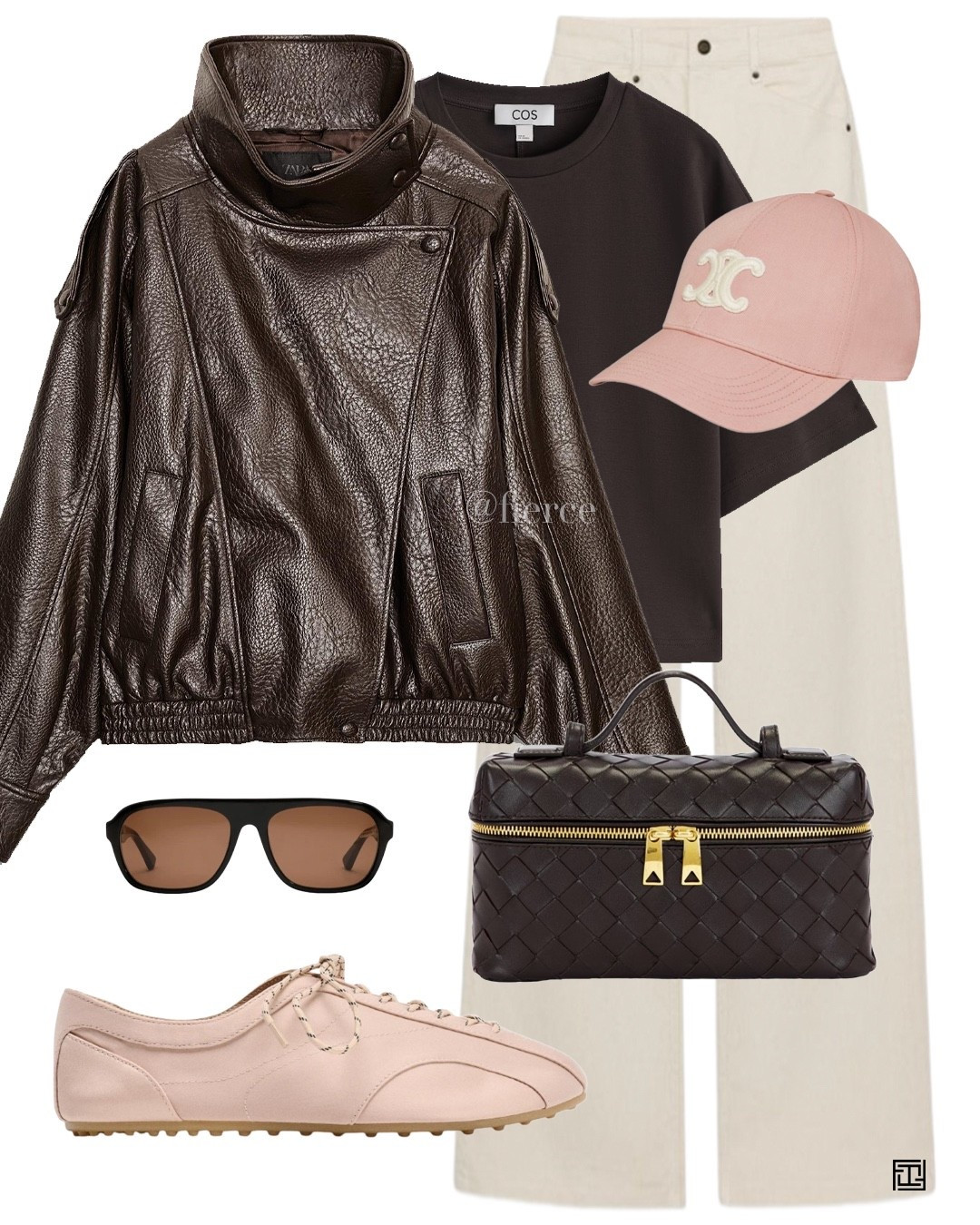 Brown leather jacket cream jeans pink slim sneakers oversized brown sunglasses chocolate brown tshirt pink baseball cap 

#LTKeurope #LTKspring #LTKuk