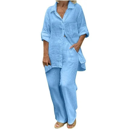 Dyegold 2 Piece Outfits For Women Casual Cotton Linen Long Sleeve Button Down Shirt Wide Leg Pants Lounge Set Streetwear | Walmart (US)