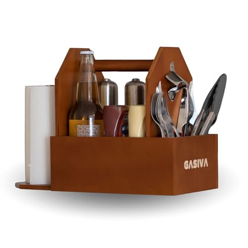 GASIVA Wooden BBQ Caddy Organizer – Rustic Grill Utensil & Condiment Holder with Handle, Paper Towel Rack & Bottle Opener – Portable Storage Tray for Outdoor Cooking, Patio, Picnic & Camping | Amazon (US)